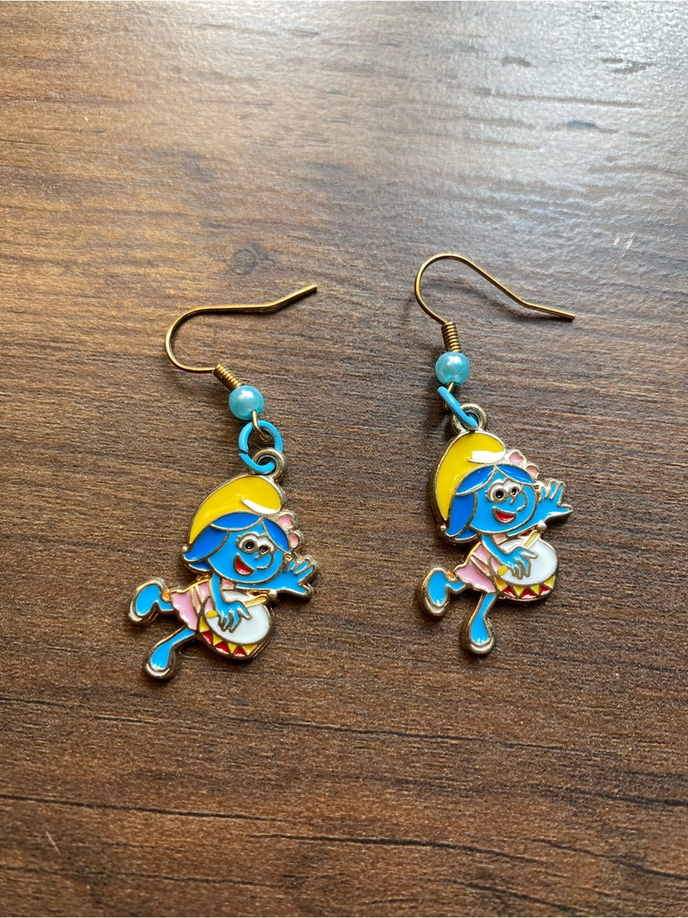 Blue Smurfette Character Drop Earrings with Yellow Hat - Charming Kids Jewelry